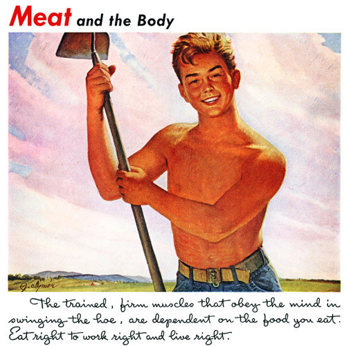 File:John Clymer - Shirtless boy holding a hoe while standing outdoors. Magazine advertisement illustration for the American Meat Institute, 1944.png