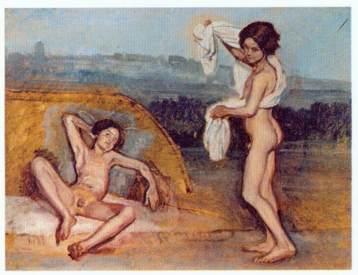 File:ИВАНОВ Александр Андреевич 1840c Полулежащий и стоящий обнажённые мальчики на фоне пейзажа 700x538.jpeg