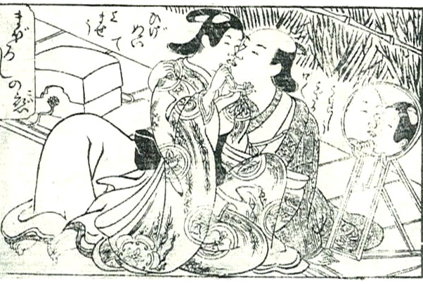 File:Nishikawa Sukenobu - Man and boy kiss in front of a mirror (left panel). Part of a double-page Japanese woodblock-printed illustration from Nanshoku Yamaji no Tsuyu by Nankai no Sanjin, early 18th century.jpg