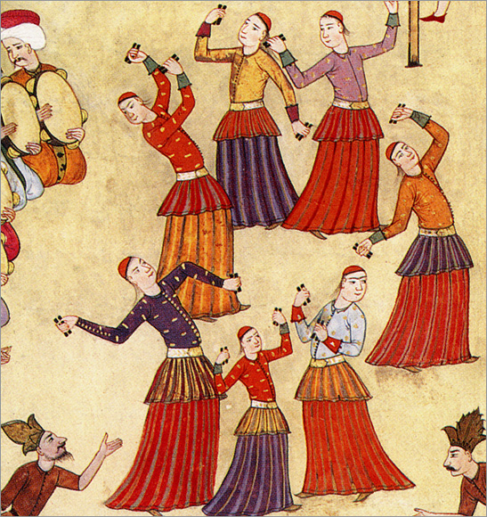 File:Abdulcelil Levni - Troupe of köçekler (dancing boys) with long skirts and çalpara (wooden castanets). Detail of an Ottoman miniature painting from the Sūr-nāme-i Vehbī by Seyyid Vehbi, circa 1727–1733.png