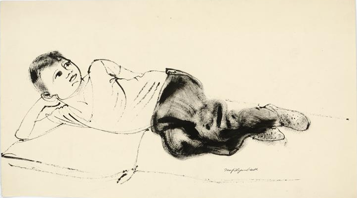 File:HEGENBARTH Josef 1948c Liegender Junge im kurzärmeligen Hemd, den Kopf in die rechte Hand gestützt 723x402.jpg