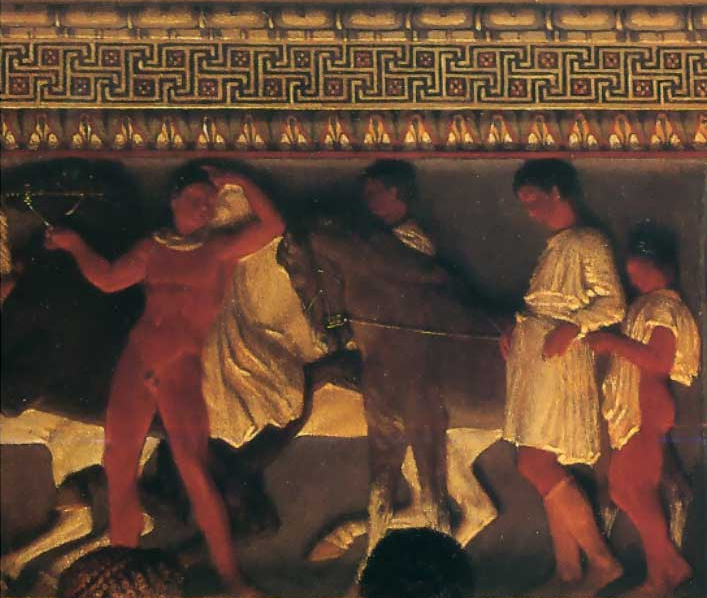 File:ALMA-TADEMA Lawrence 1868 Phidias showing the frieze of the Parthenon to his friends (detail 2) 707x598.jpg