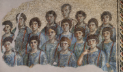 Thumbnail for File:Pavimental polychrome mosaic representing s. c. schola cantorum (close-up).png