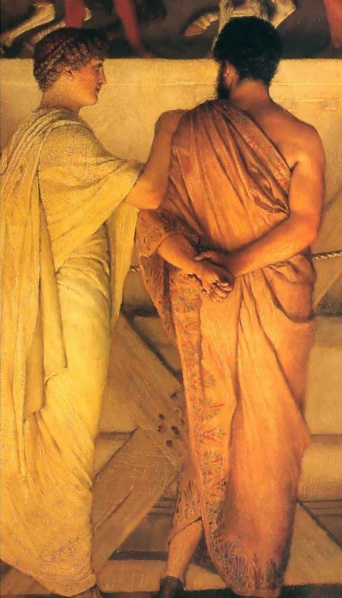 File:ALMA-TADEMA Lawrence 1868 Phidias showing the frieze of the Parthenon to his friends (detail 1) 575x1006.jpg