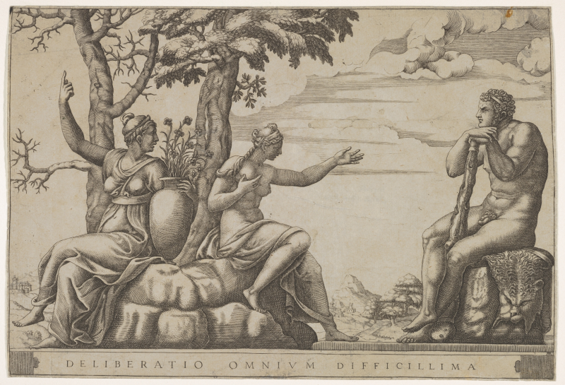 File:Hercules at the cross-roads, he is seated at the right, to the left are female personifications of Virtue and Vice MET DP832651.png
