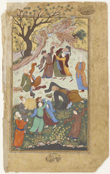 File:Attributed to Mir Afzal Tuni - Feast of the Dervishes (right folio). Persian miniature painting from an illustrated manuscript of the Gulistan by Sa'di, ca. 1615. Isfahan, Iran, Safavid period.png