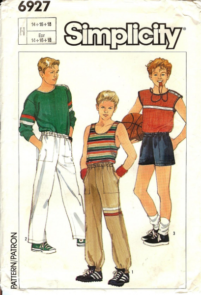 File:Teen-Boys' Easy-To-Sew Pullover Top, Pull-On Pants or Shorts. Simplicity Pattern Company 6927 (1985).png