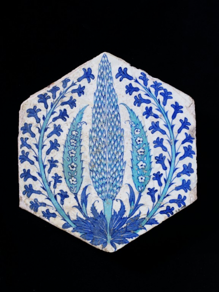 File:Tile, fritware body, painted under the glaze in blue and turquoise. Leaves; Cypress; Flowers. Turkey (Iznik), Ottoman, 1540s.png