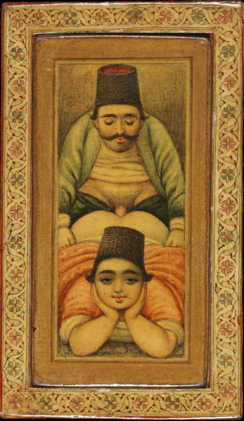 File:Male Couple. Erotic Lacquer Mirror-Case. Iran, Qajar Period, 19th century.png