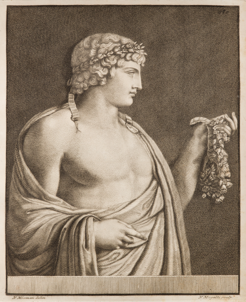 File:Nicolaus Mosman and Niccolò Mogalli - Engraving after an ancient Roman marble bas-relief of Antinous as Vertumnus, the god of seasons. From Unpublished Ancient Monuments, Explained and Illustrated by Johann Joachim Winckelmann, 1767.png