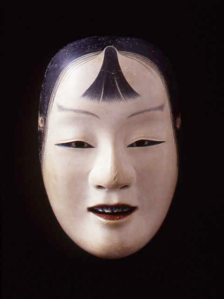File:Japanese polychrome wooden Noh theatre mask of the Kasshiki (meal announcer temple boy) type.png