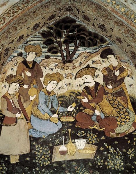 File:Safavid Persian fresco wall painting showing a banquet scene with Shah Abbas I and four young courtiers, c. 1647. Chehel Sotoun Palace Pavilion, Isfahan, Iran.jpg