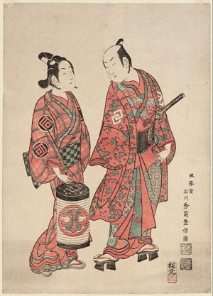 Woodblock print by Ishikawa Toyonobu of kabuki actors Nakamura Shichisaburō II and Sanogawa Ichimatsu, signed 'Meijōdō Ishikawa Shūha Toyonobu zu', 1740s.