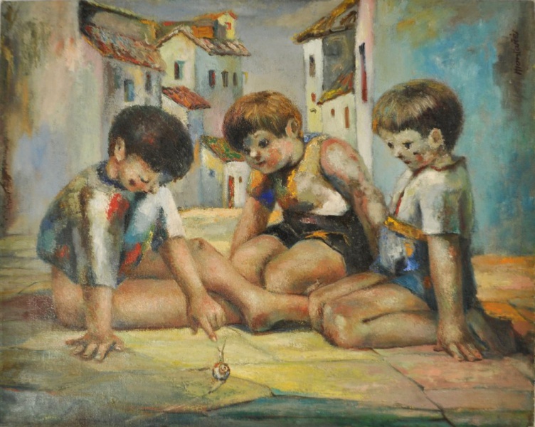 File:MONTAÑÉS NAVARRO José - Tres chicos mirando un caracol 1003x800.jpg