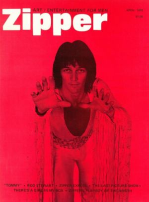 Cover Zipper April 1972 (Vol 2 #2), solid red background, photo of rock opera "Tommy" star Ted Neely in costume
